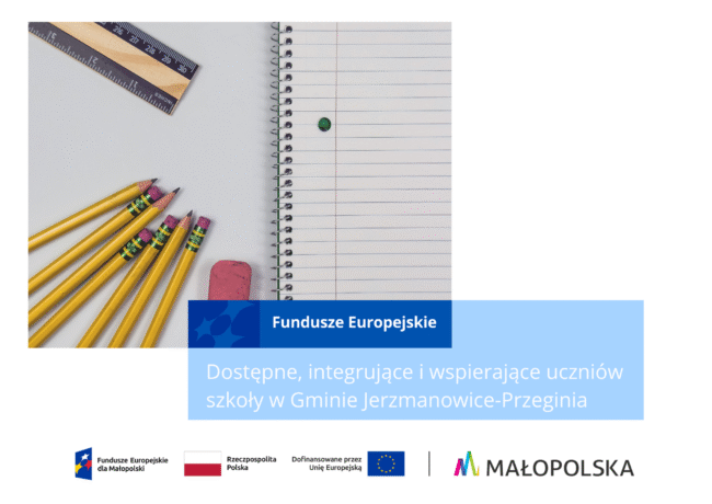 Grafika przedstawiająca tytuł projektu, logotypy funduszy europejskich oraz przybory szkolne